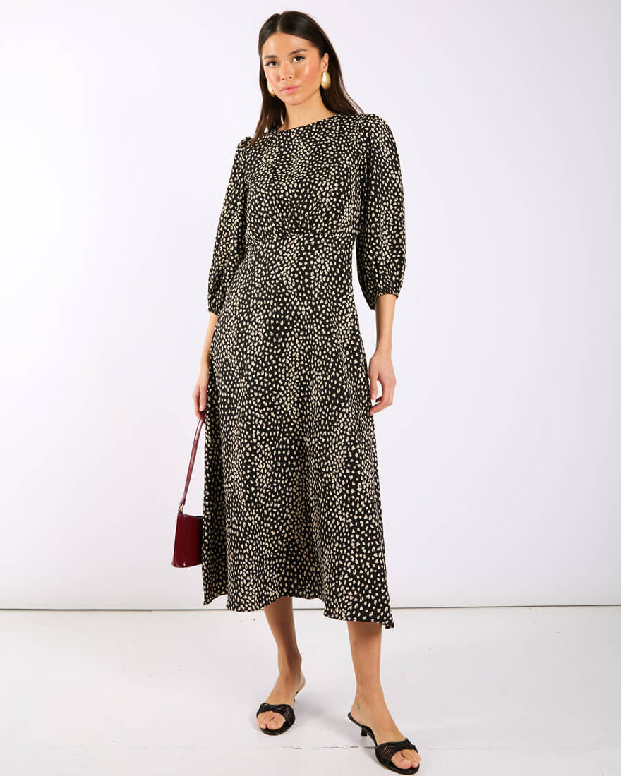 Black Spotty 3/4 Sleeve Midi Dress