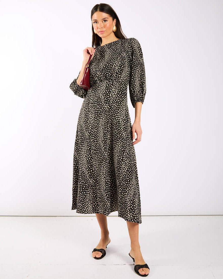Black Spotty 3/4 Sleeve Midi Dress
