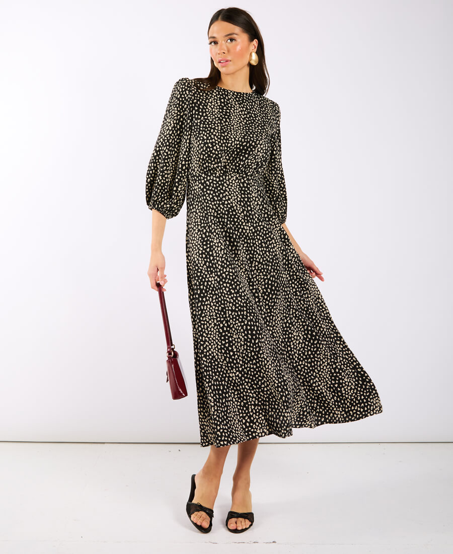 Black Spotty 3/4 Sleeve Midi Dress