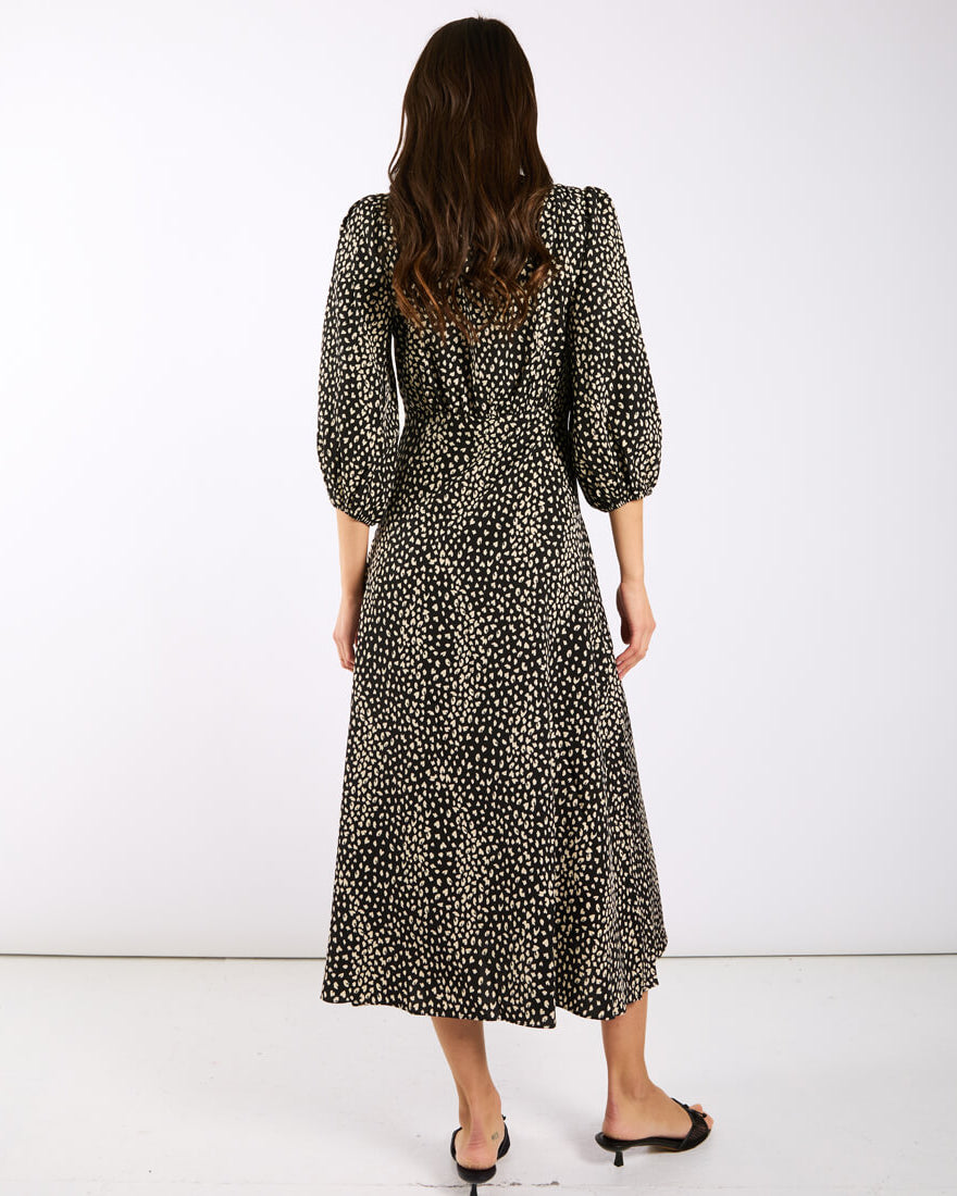 Black Spotty 3/4 Sleeve Midi Dress back