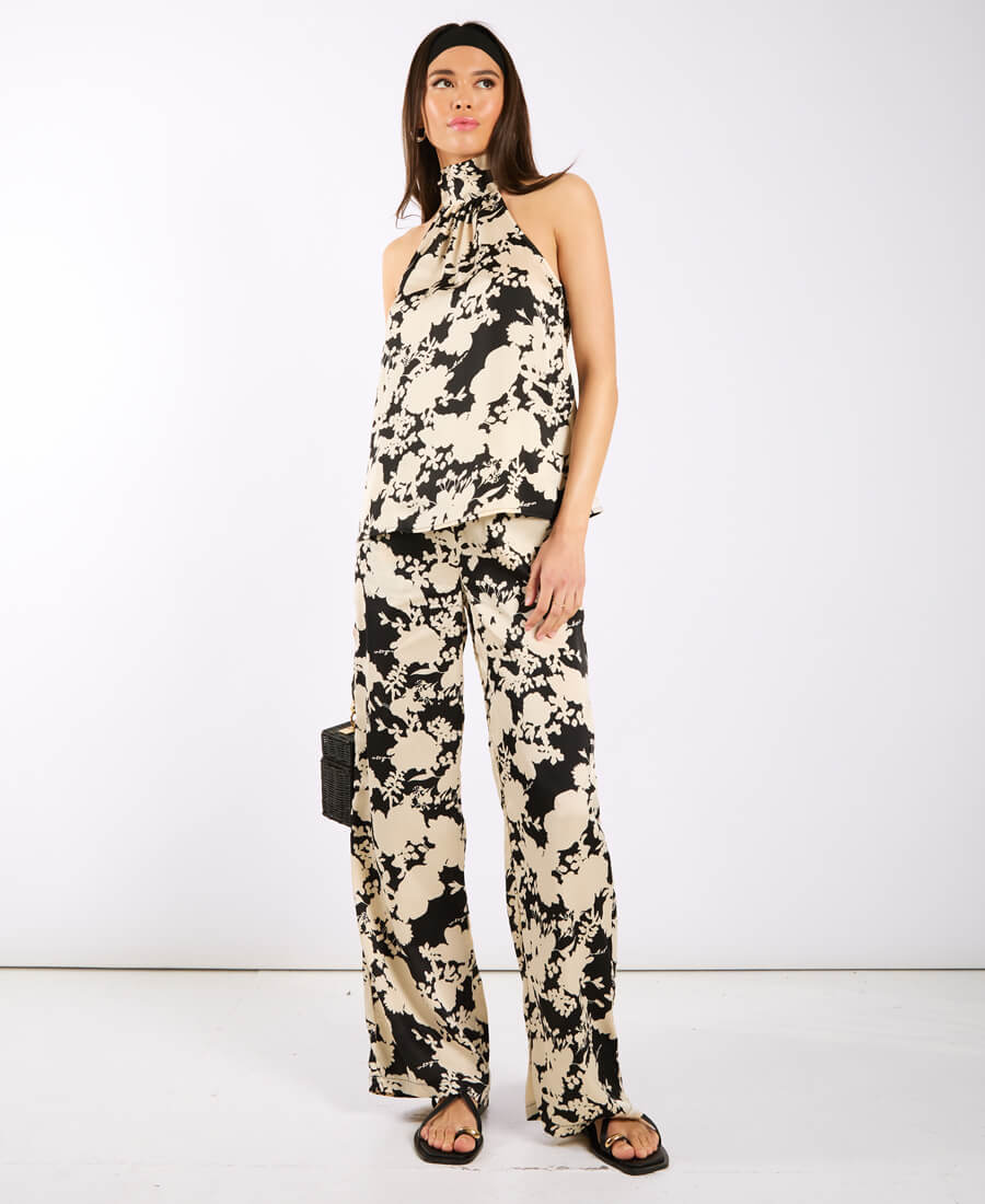 Black and Ivory Printed Halter Neck Top set