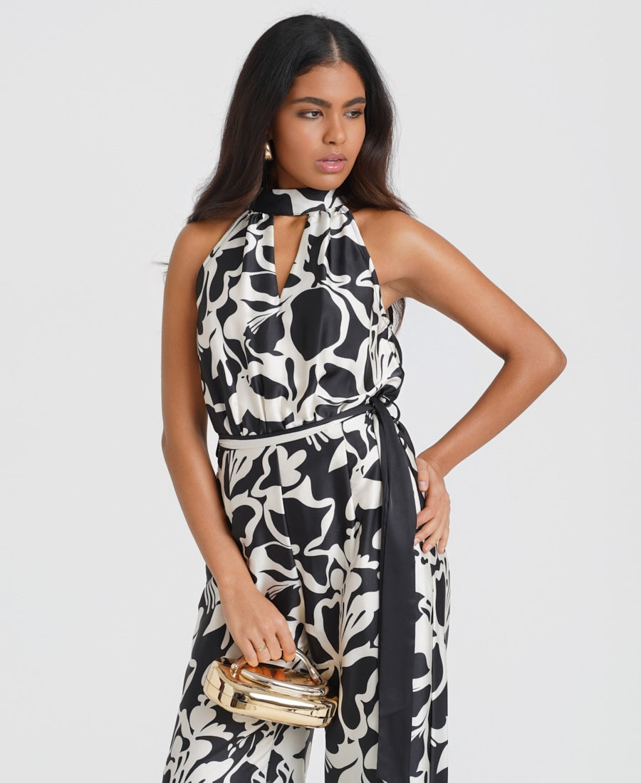 Black and white Floral Satin Halter neck Jumpsuit