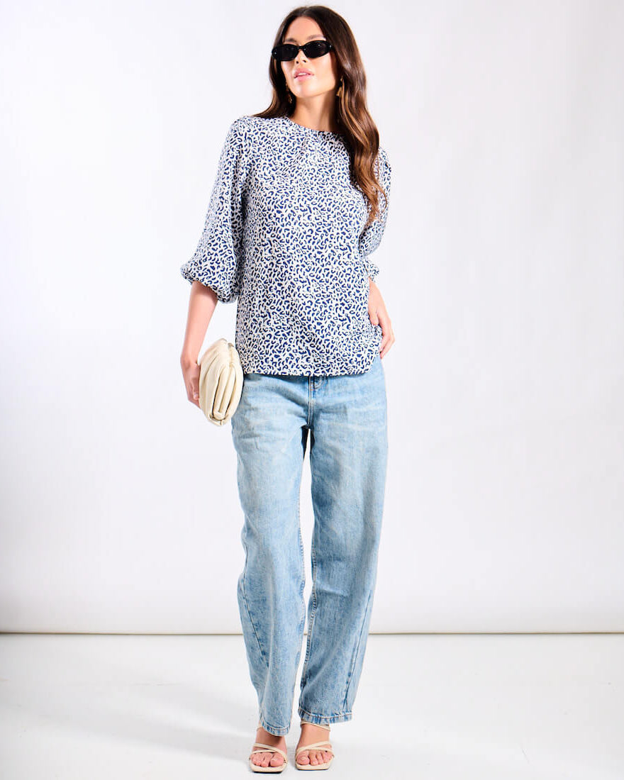 Blue Animal Puff Sleeve Top