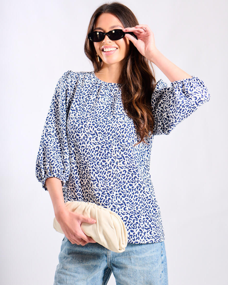 Blue Animal Puff Sleeve blouse