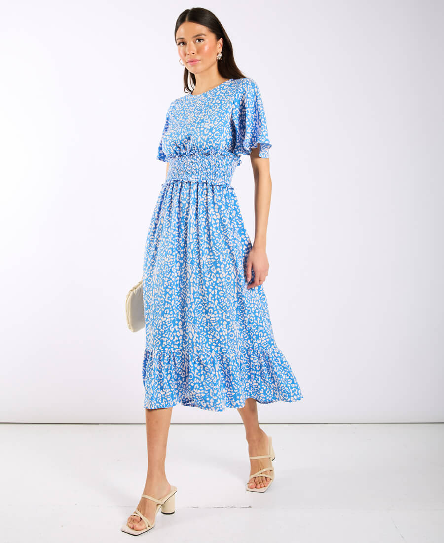 Blue Animal Smock Waisted Midi Dress