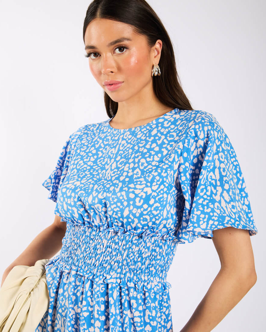 Blue Animal Smock Waisted Midi Dress