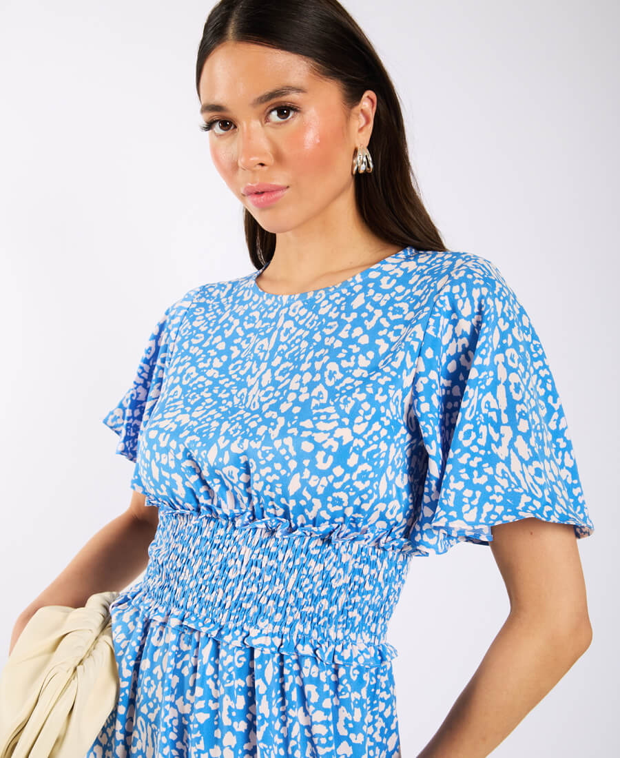 Blue Animal Smock Waisted Midi Dress