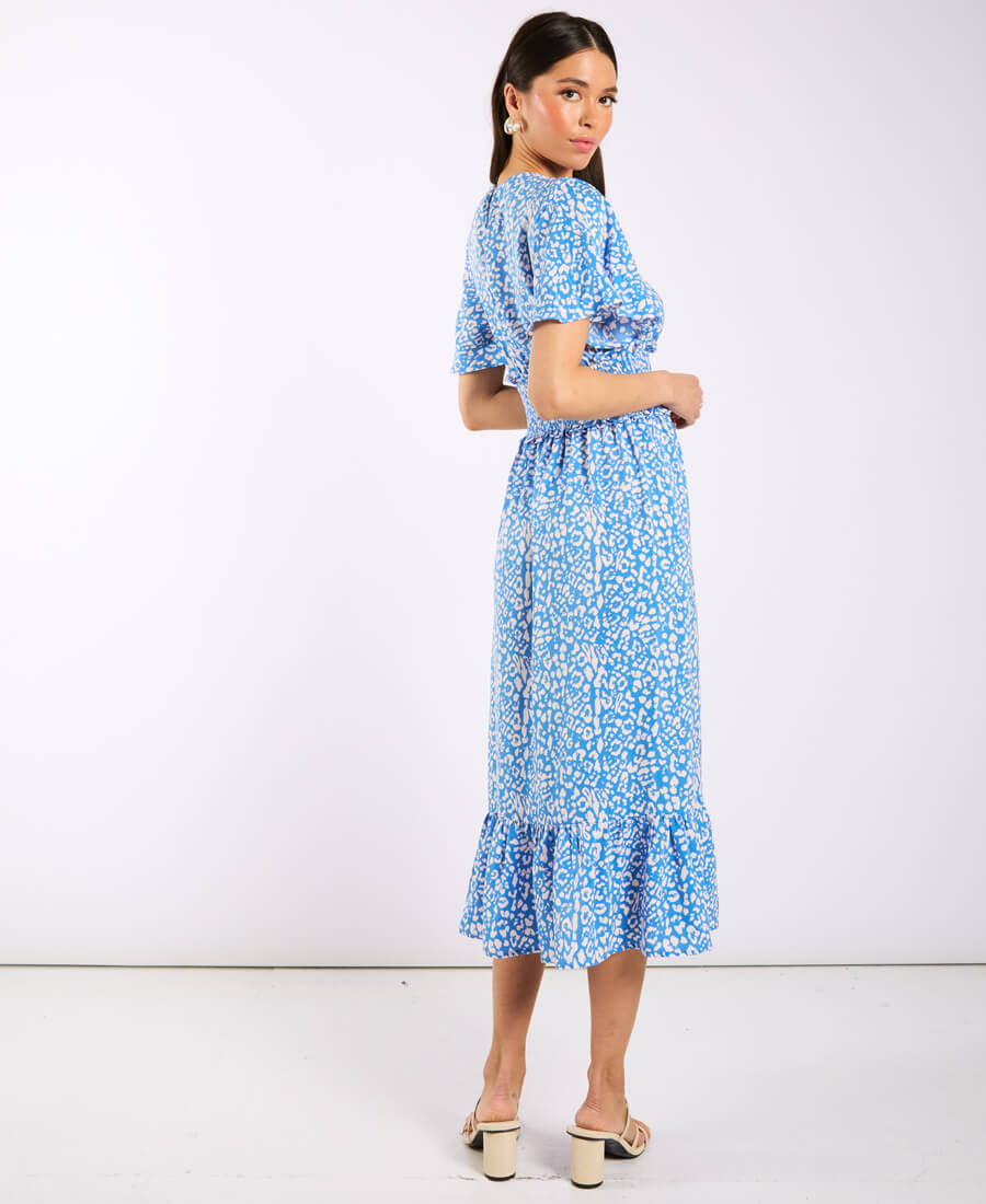 Blue Animal Smock Waisted Midi Dress Side
