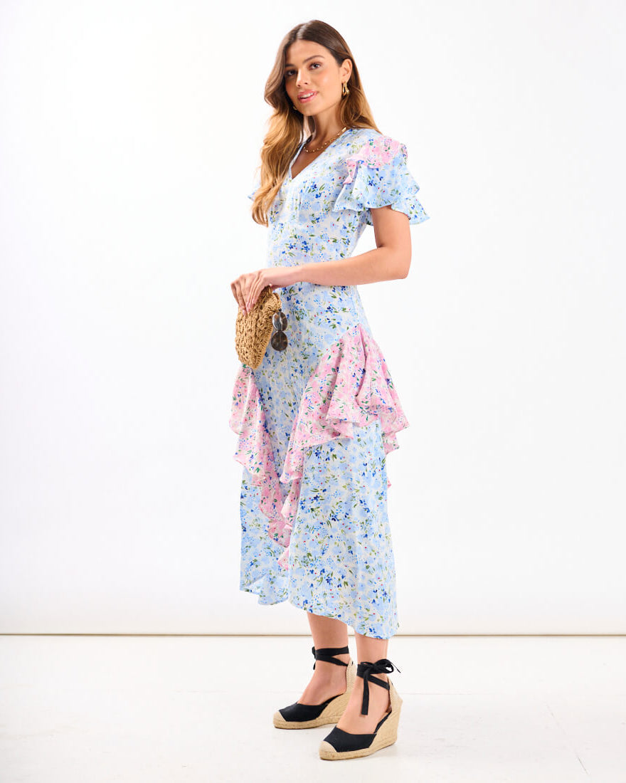 Blue Ditsy Floral Ruffle Mix and Match Midi Dress