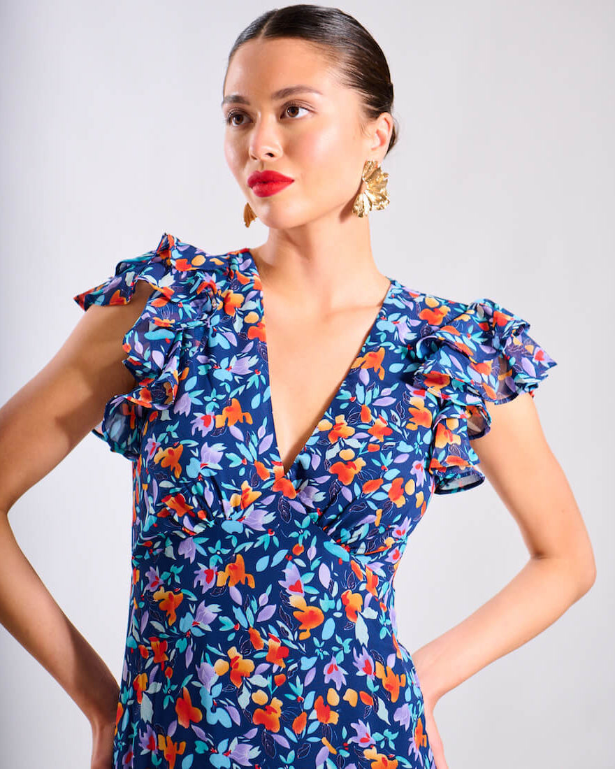 Blue Floral Ruffle Midi Dress