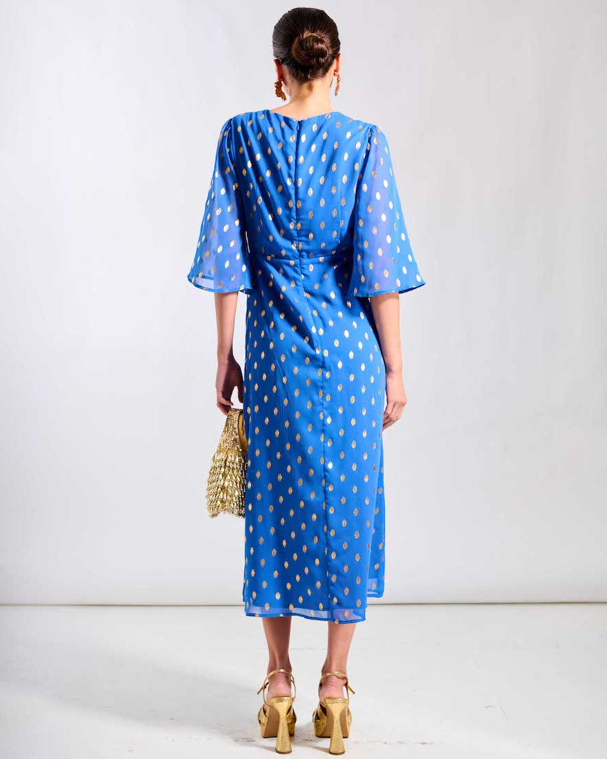 Blue Foil Chiffon Midi wedding Guest Dress