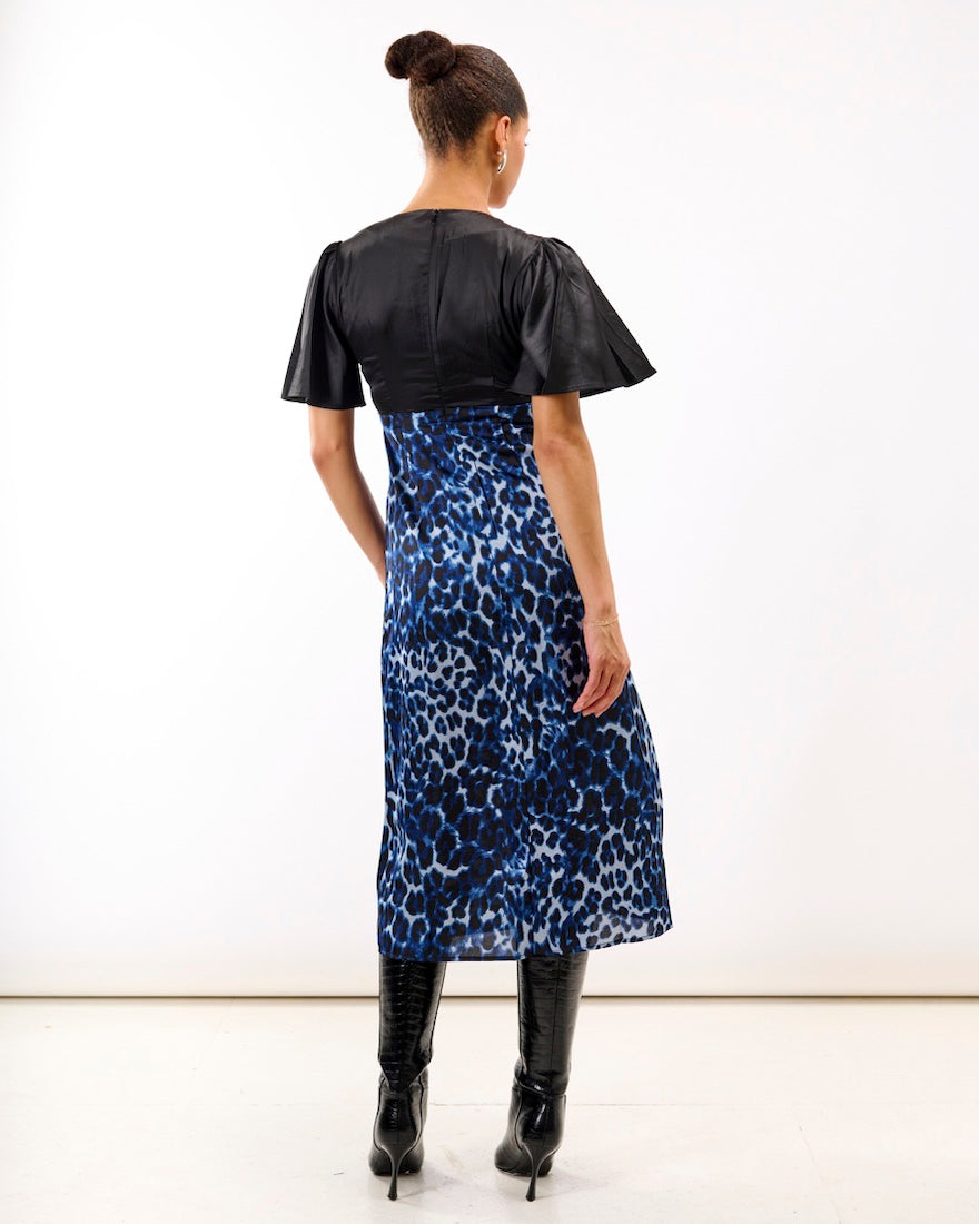 Blue Leopard Printed Satin Midi Dress