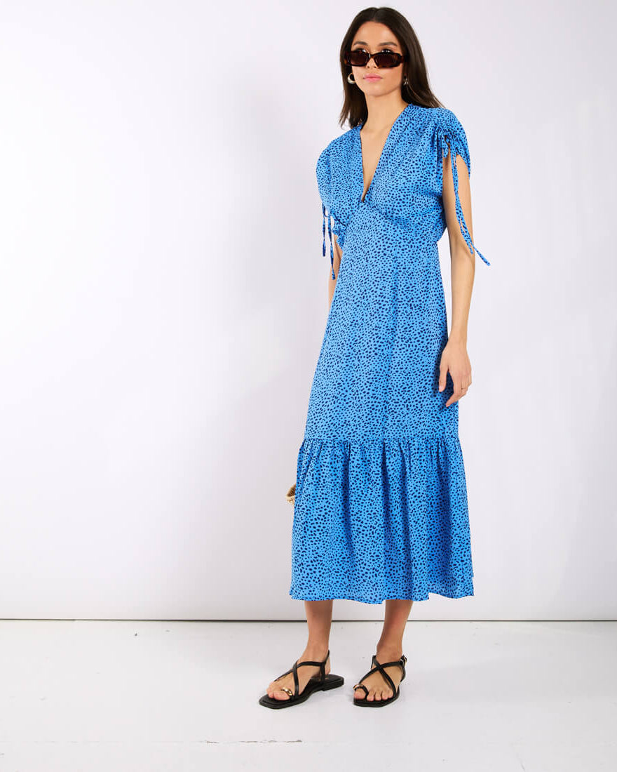 Blue Leopard Ruched Midi Dress