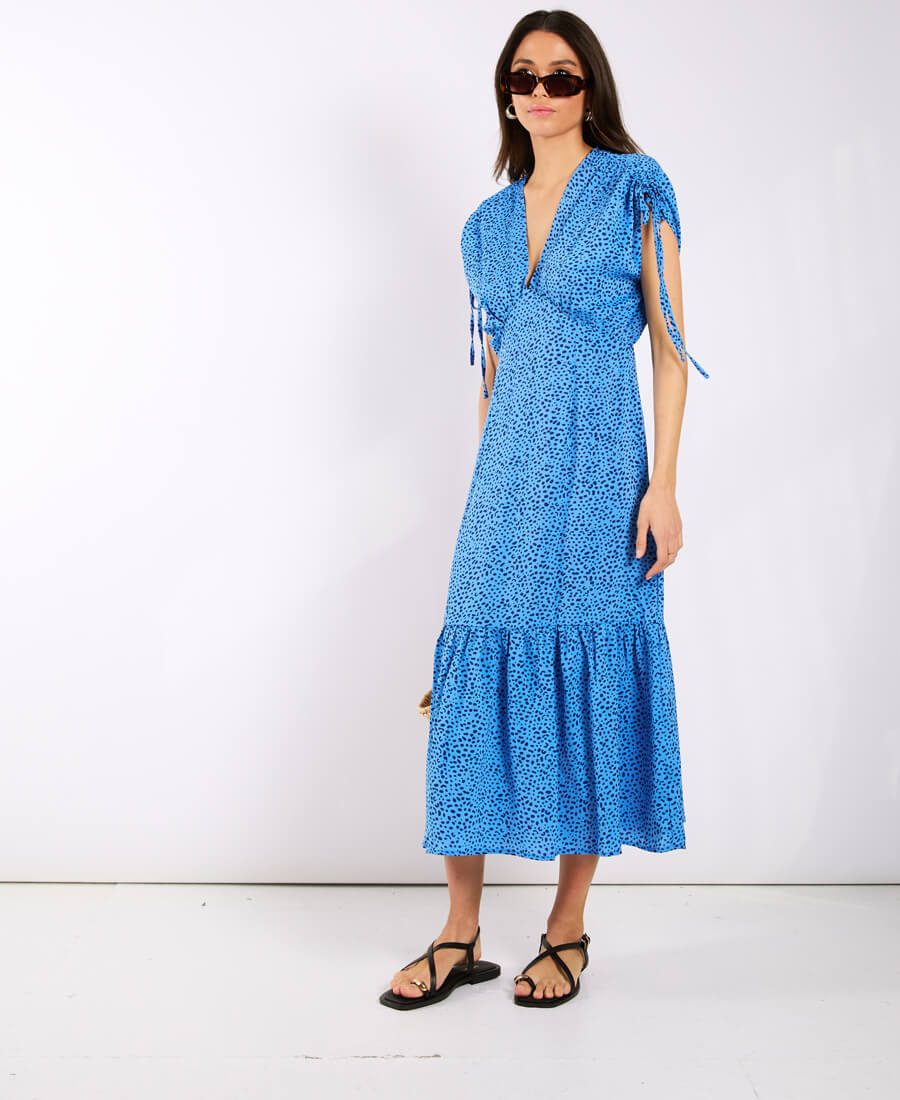Blue Leopard Ruched Midi Dress