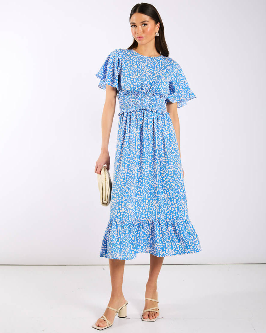 Blue Animal Smock Waisted Midi Dress