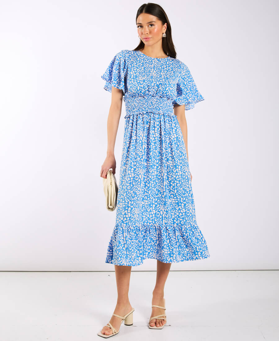 Blue Animal Smock Waisted Midi Dress