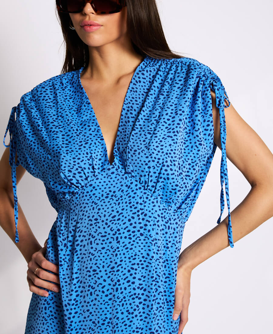 Blue Leopard Animal Ruched Midi Dress