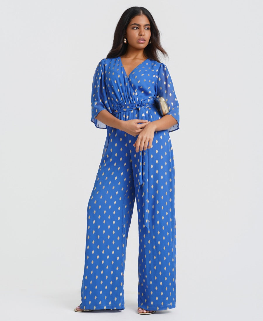 Blue Foil Culotte Jumpsuit