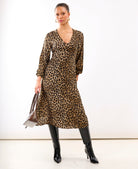 Brown Animal Printed Long Sleeve Midi Dress