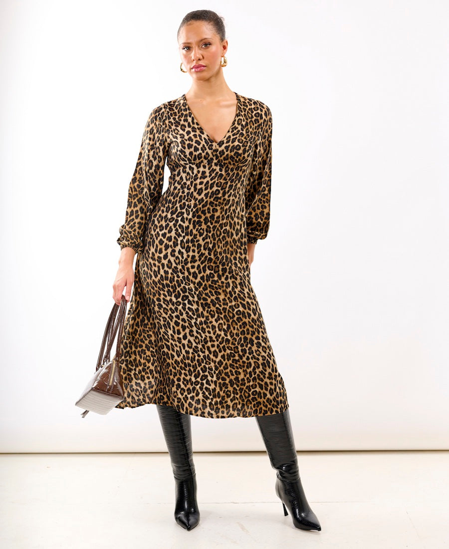 Brown Animal Printed Long Sleeve Midi Dress