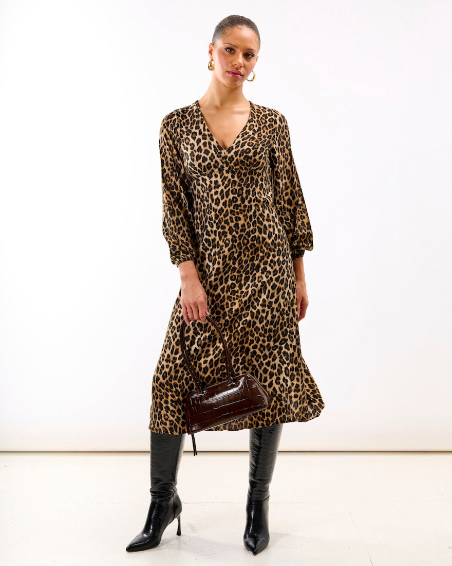 Brown Animal Printed Long Sleeve Midi Dress