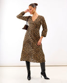 Brown Animal Printed Long Sleeve Midi Dress