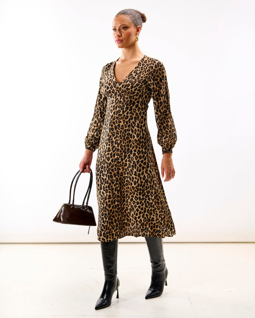 Brown Animal Printed Long Sleeve Midi Dress
