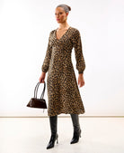 Brown Animal Printed Long Sleeve Midi Dress