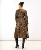 Brown Animal Printed Long Sleeve Midi Dress