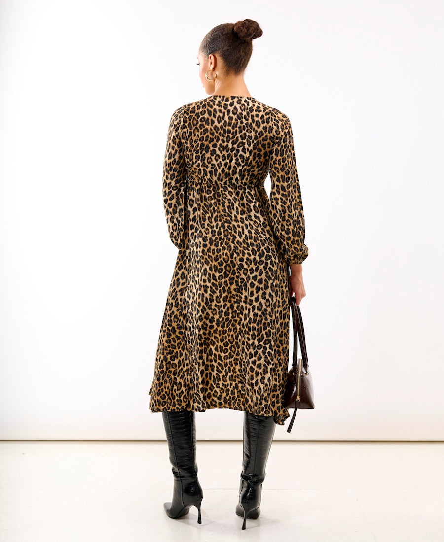 Brown Animal Printed Long Sleeve Midi Dress