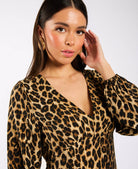 Brown Animal Printed Long Sleeve Midi Dress details