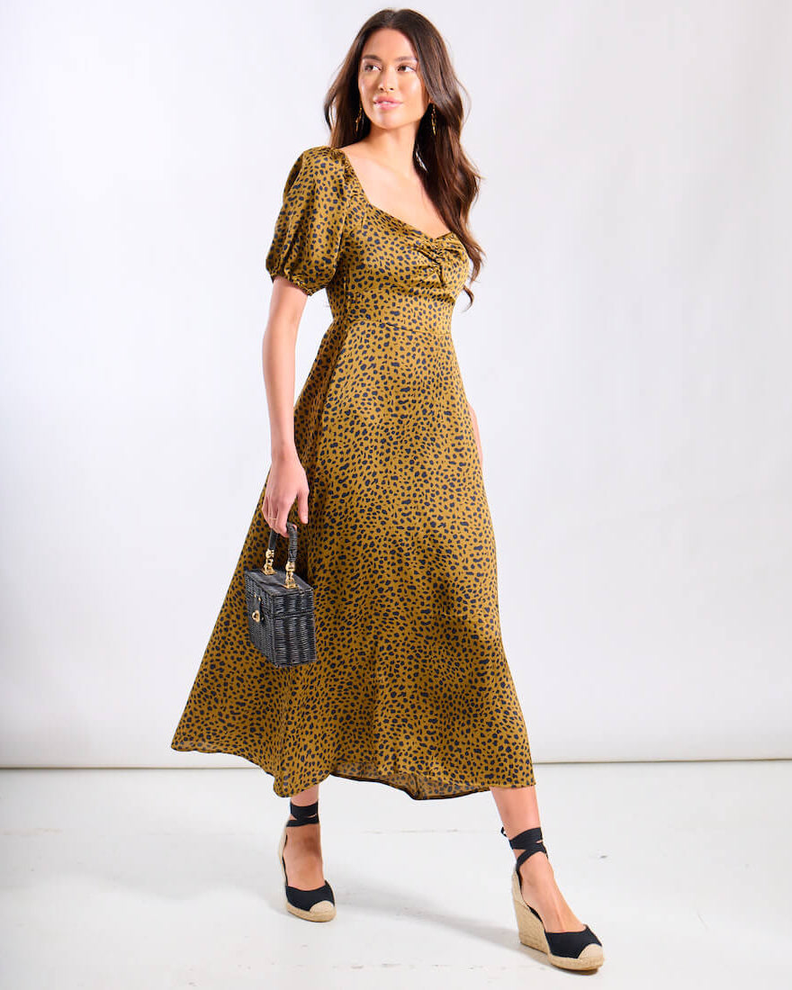 Brown Animal Satin Sweetheart Neck Midi Dress