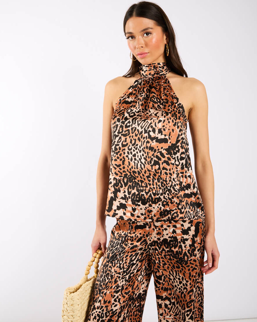 Brown Halter Neck Animal Printed Top