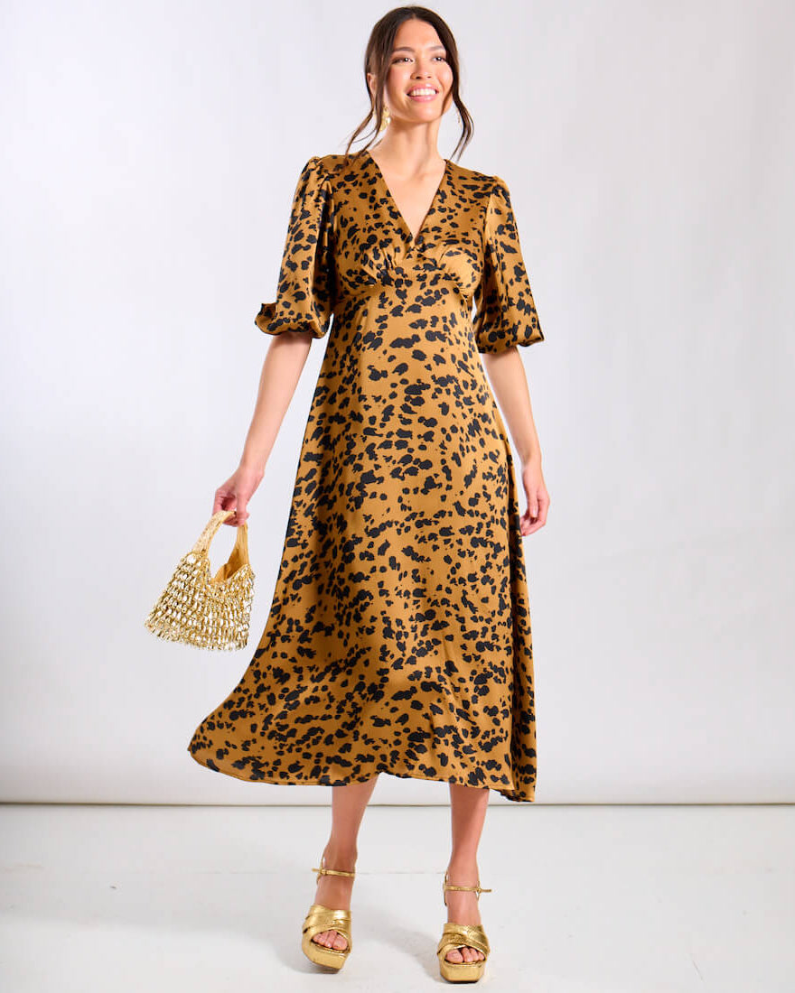 Brown Leopard Satin Midi Dress