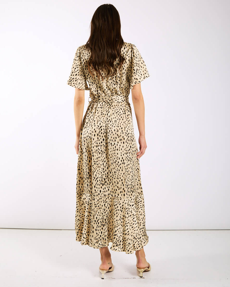 Cream Animal Printed Wrap Midi Dress back