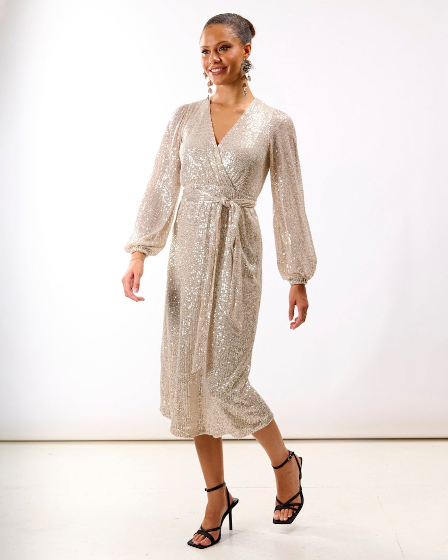 Cream Sequin Wrap Midi Dress