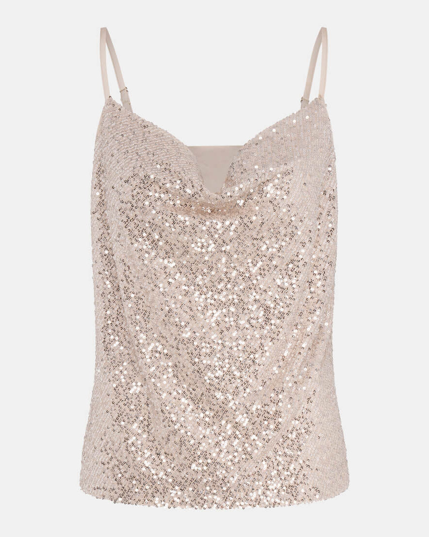 Cream sequin cowl neck cami top