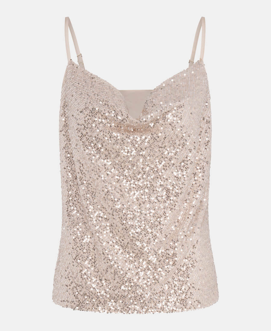 Cream sequin cowl neck cami top