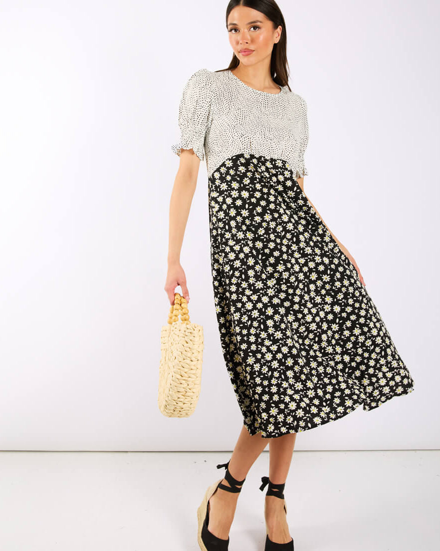 Daisy Spot Puff Sleeve Midi Dress