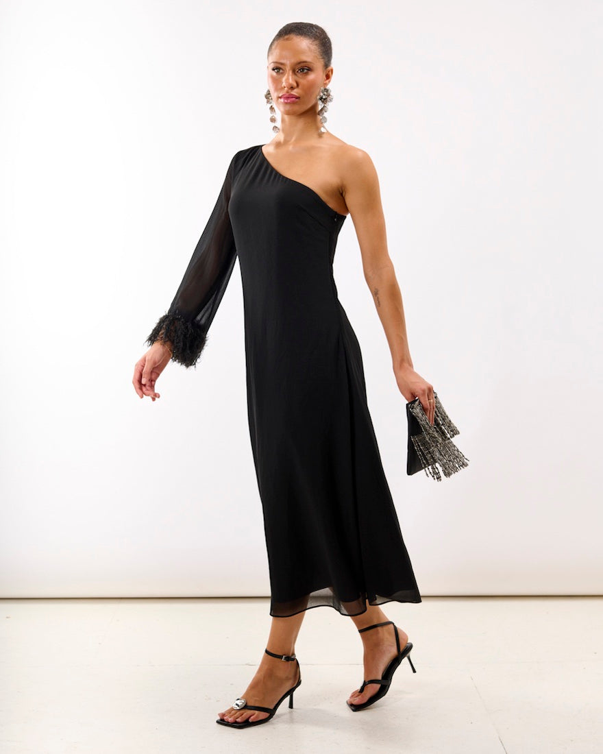 Black Feather One Shoulder Dress