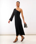 Black Feather One Shoulder Dress