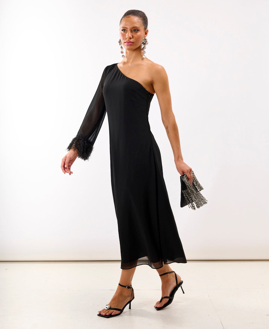 Black Feather One Shoulder Dress