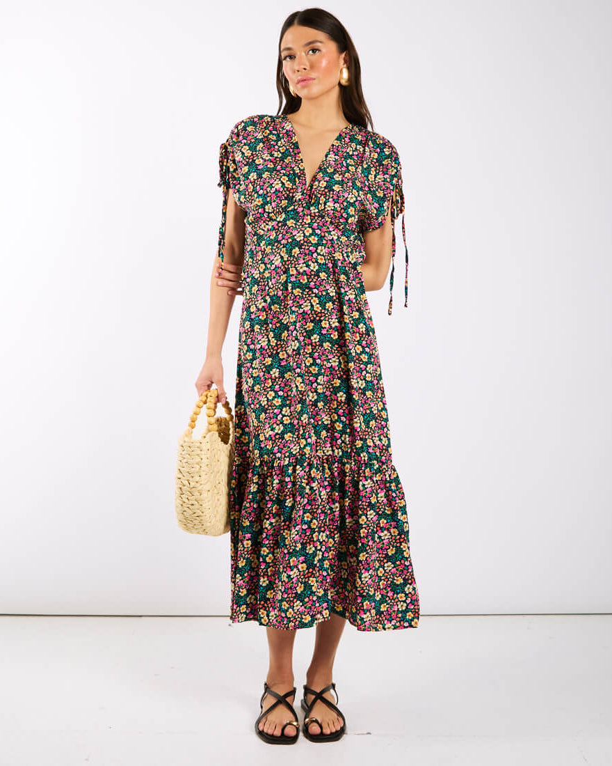 Floral Gathered Sleeve Midi Dress