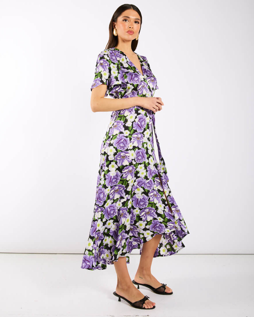 Purple Floral Wrap Midi Dress