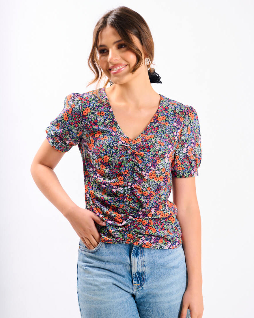 Multicoloured Floral Ruched Top