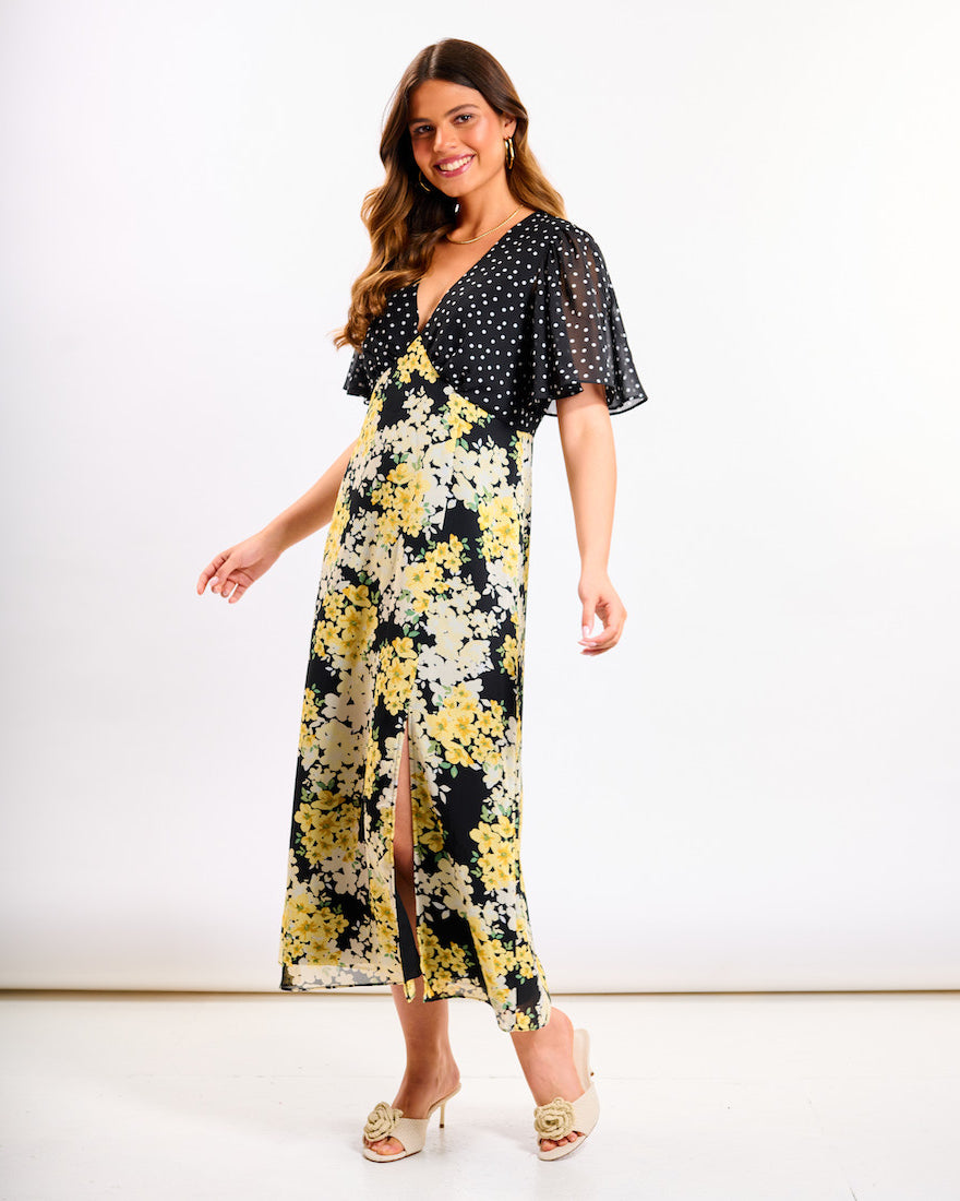 Yellow Floral Flutter Sleeve Midi Dress