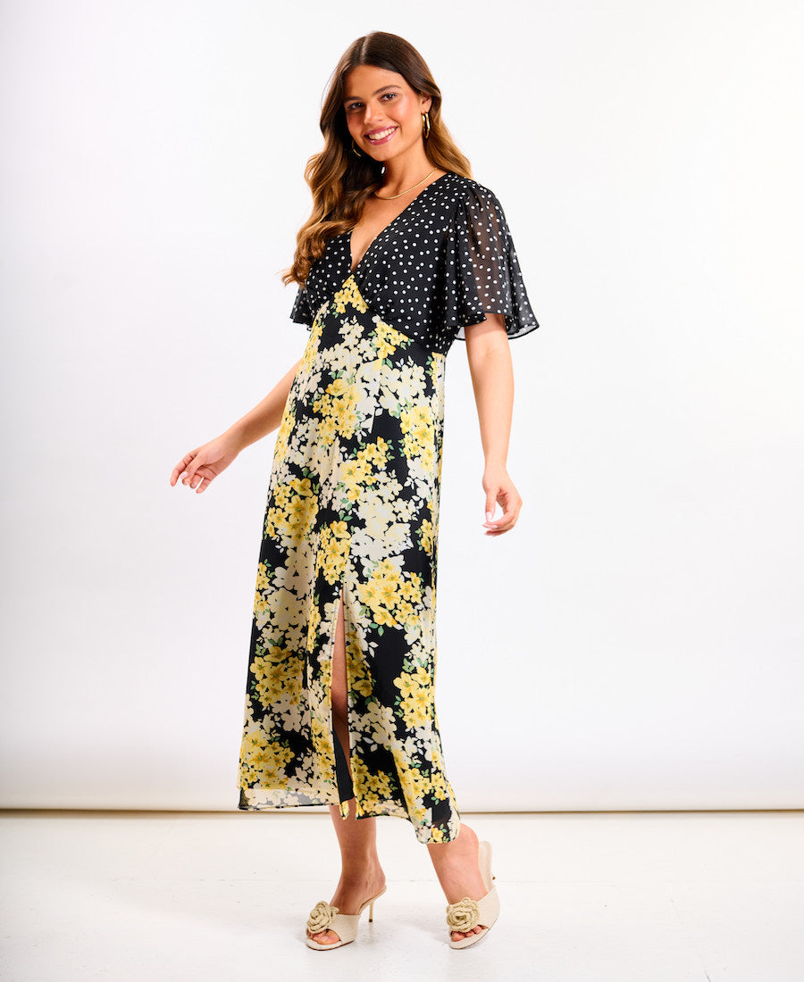Yellow Floral Flutter Sleeve Midi Dress