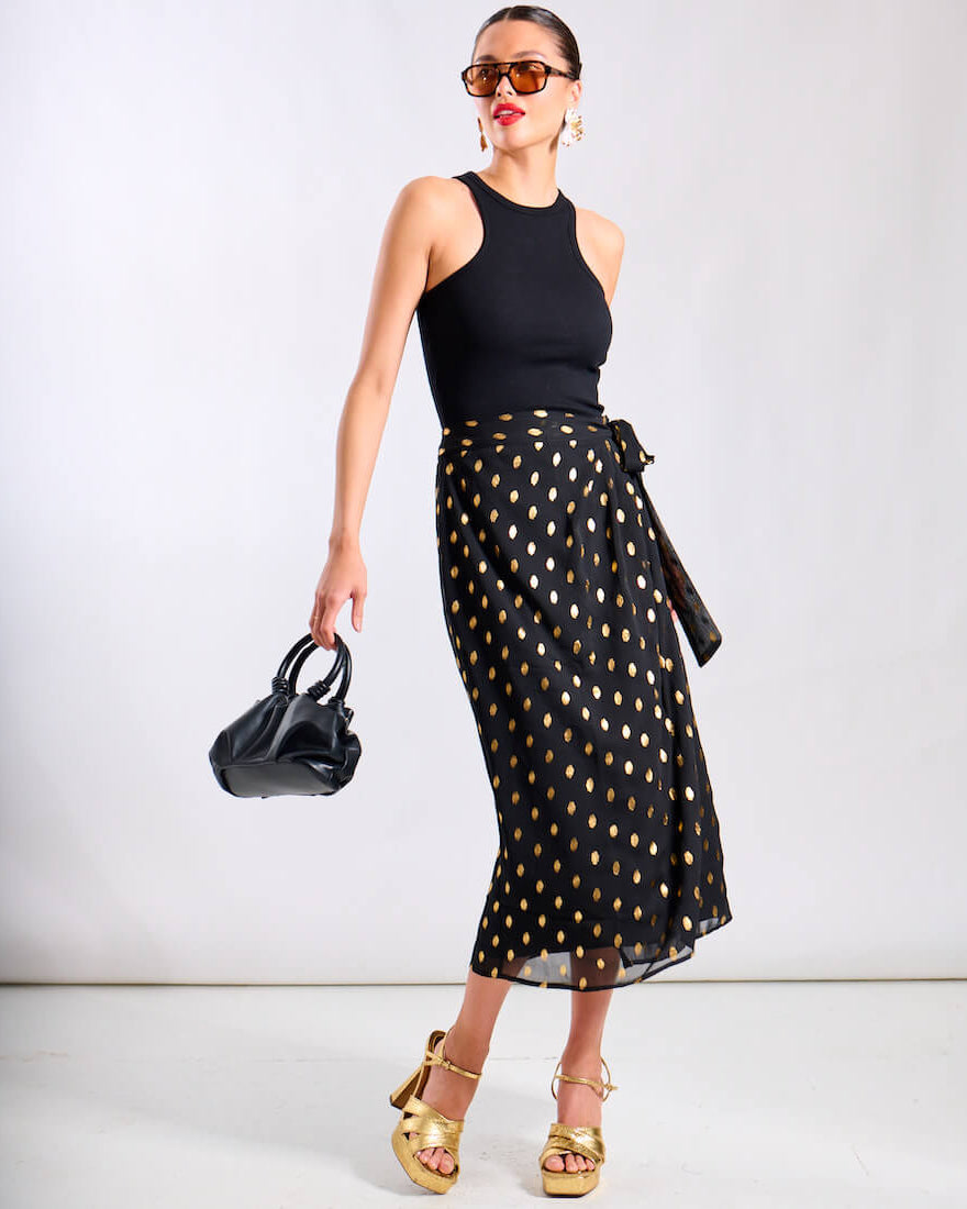 Foil Black Wrap Midi Skirt