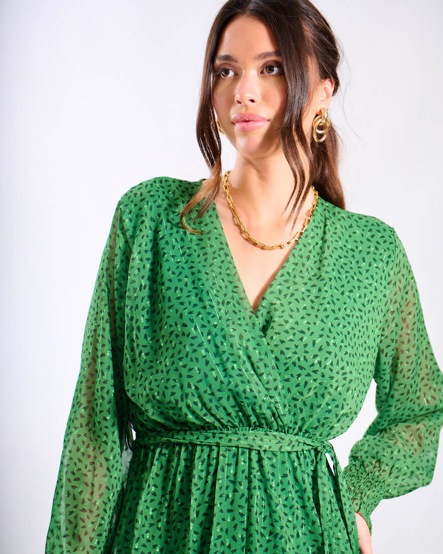 Green Animal Chiffon Maxi Dress