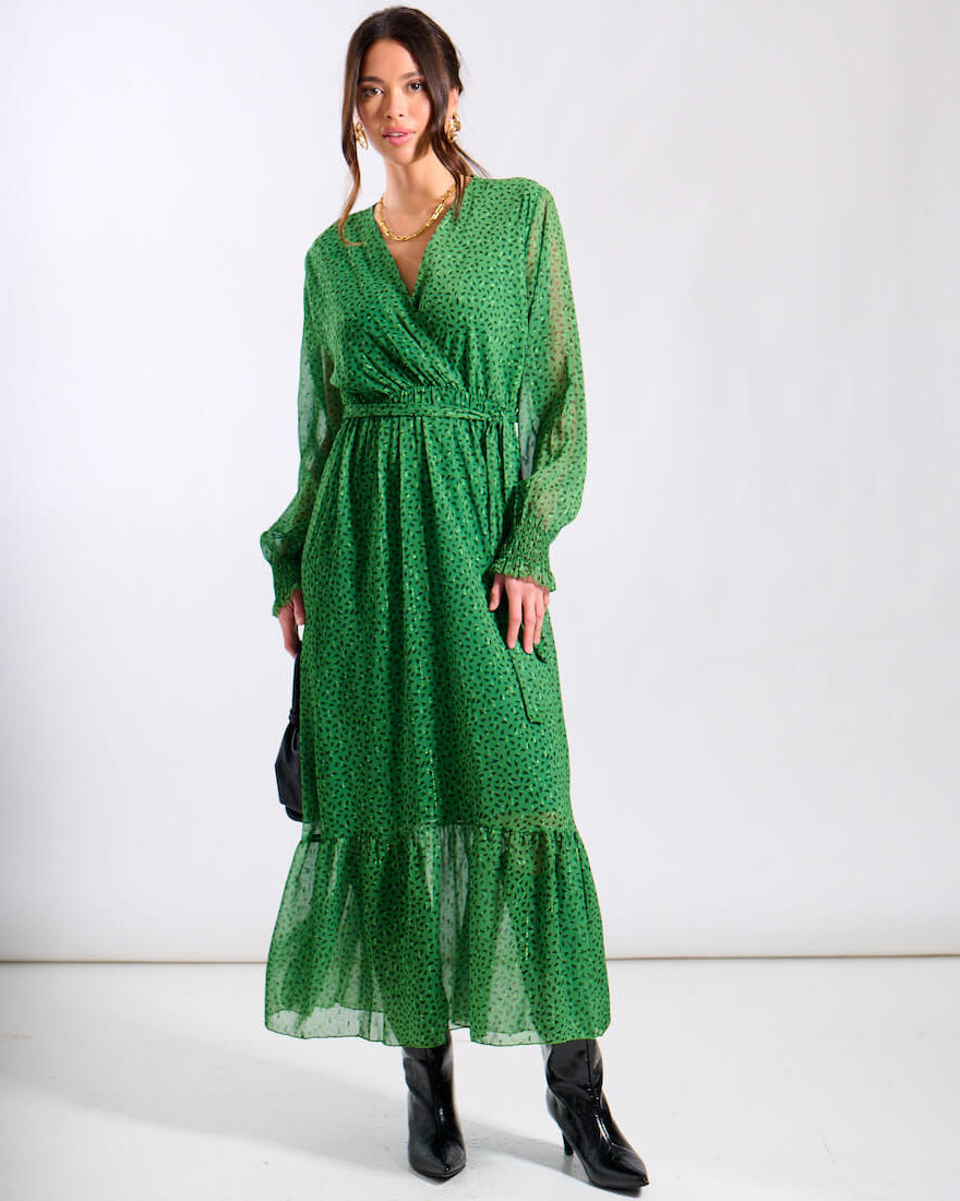 Green Animal Chiffon Maxi Long Sleeve Dress